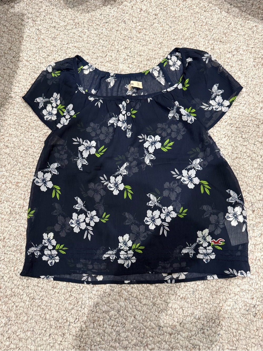 Hollister Navy Floral Short Sleeve Blouse with Green Accents